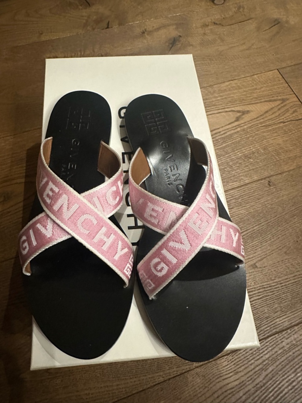 GIVENCHY Pink Logo Cross-Strap Slide Sandals